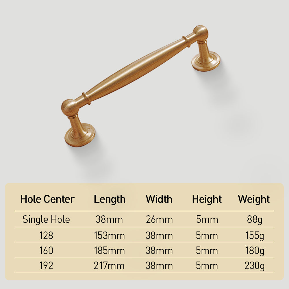 Brass round bar cabinet pull and round knob, shown clearly with dimensions and centers labeled