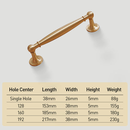 Brass round bar cabinet pull and round knob, shown clearly with dimensions and centers labeled