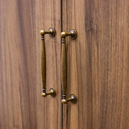 Bronze brass round bar cabinet pull and round knob, displayed from the side installed on cabinetry in context