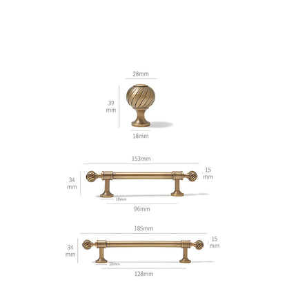 Ribbed brass cabinet pull and shell knob, shown clearly with dimensions and centers labeled