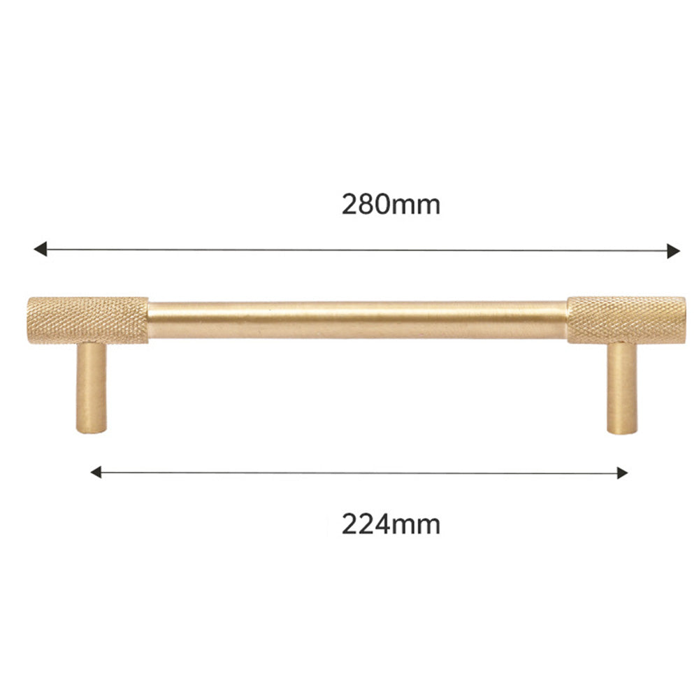 Knurled T-bar cabinet pull and round knob, pictured in one view with dimensions and centers labeled