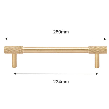 Knurled T-bar cabinet pull and round knob, pictured in one view with dimensions and centers labeled