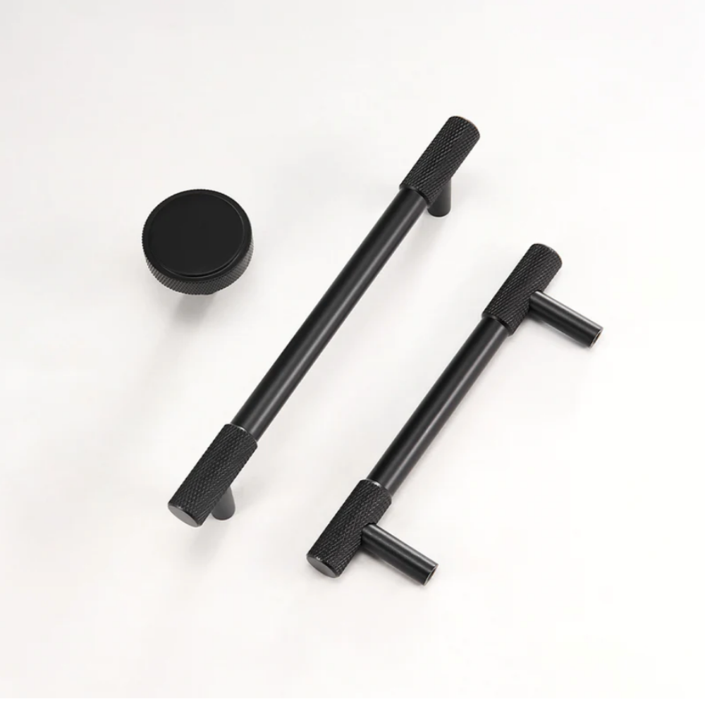 Knurled T-bar cabinet pull and round knob, shown clearly as a color and finish lineup