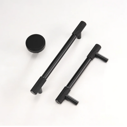 Knurled T-bar cabinet pull and round knob, shown clearly as a color and finish lineup
