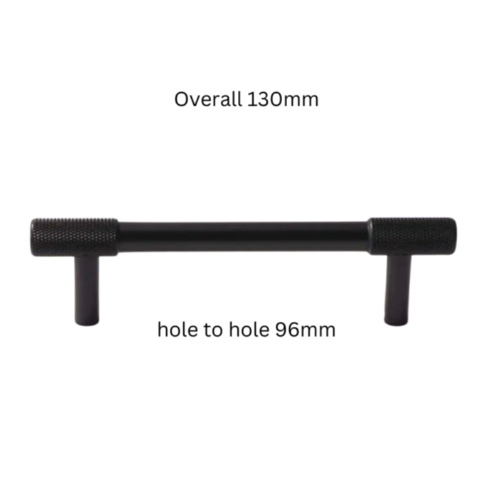 Knurled T-bar cabinet pull and round knob, shown at close range with dimensions and centers labeled