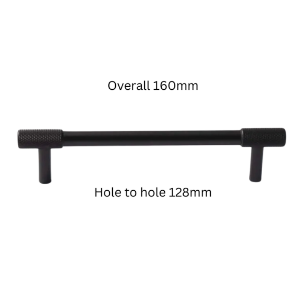 Knurled T-bar cabinet pull and round knob, displayed from the side with dimensions and centers labeled