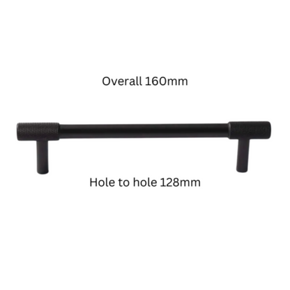 Knurled T-bar cabinet pull and round knob, displayed from the side with dimensions and centers labeled