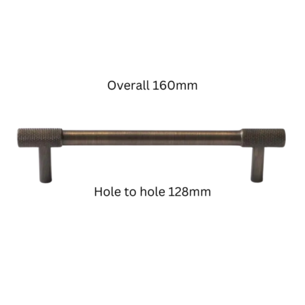 Knurled T-bar cabinet pull and round knob, presented in another view with dimensions and centers labeled