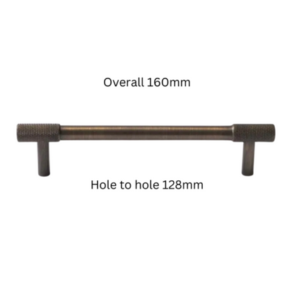 Knurled T-bar cabinet pull and round knob, presented in another view with dimensions and centers labeled