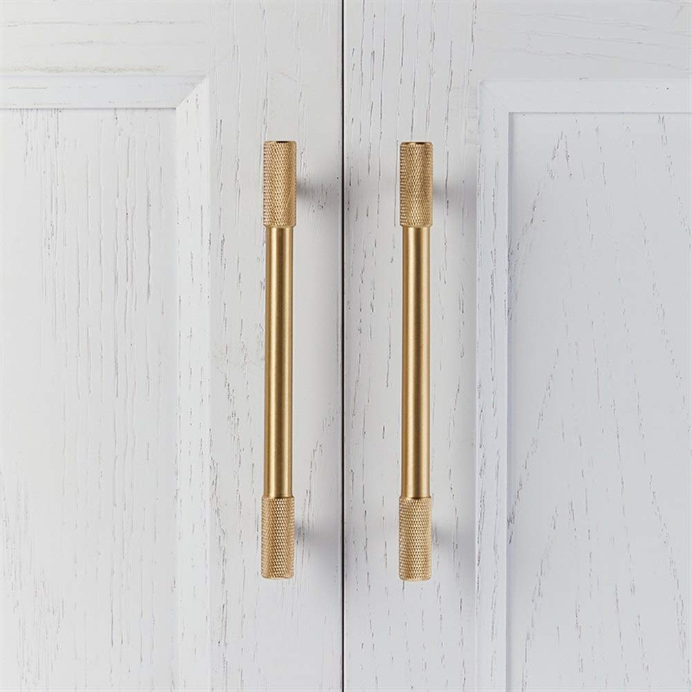 Knurled T-bar cabinet pull and round knob, shown clearly in an installed cabinet close-up