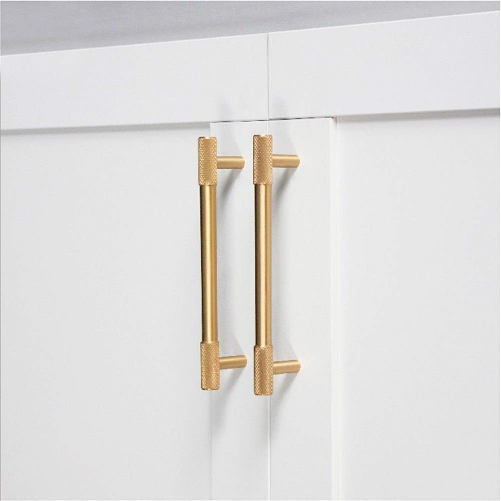 Knurled T-bar cabinet pull and round knob, pictured in one view in an installed cabinet close-up