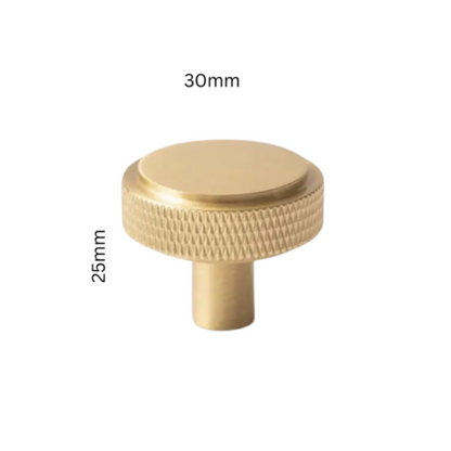 Knurled T-bar cabinet pull and round knob, shown clearly with dimensions and centers labeled