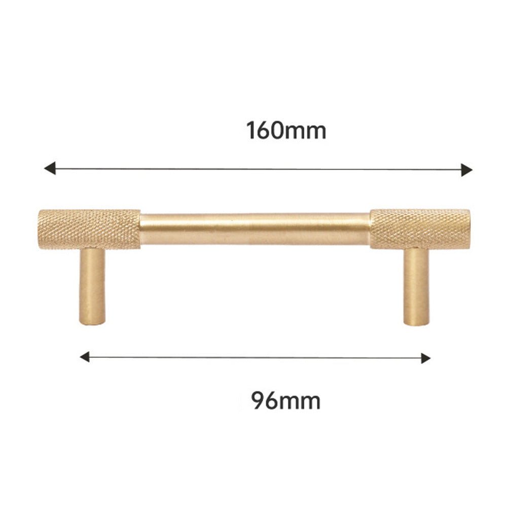 Knurled T-bar cabinet pull and round knob, shown from one angle with dimensions and centers labeled
