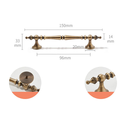 Ornate brass cabinet pull and knob, shown clearly with dimensions and centers labeled