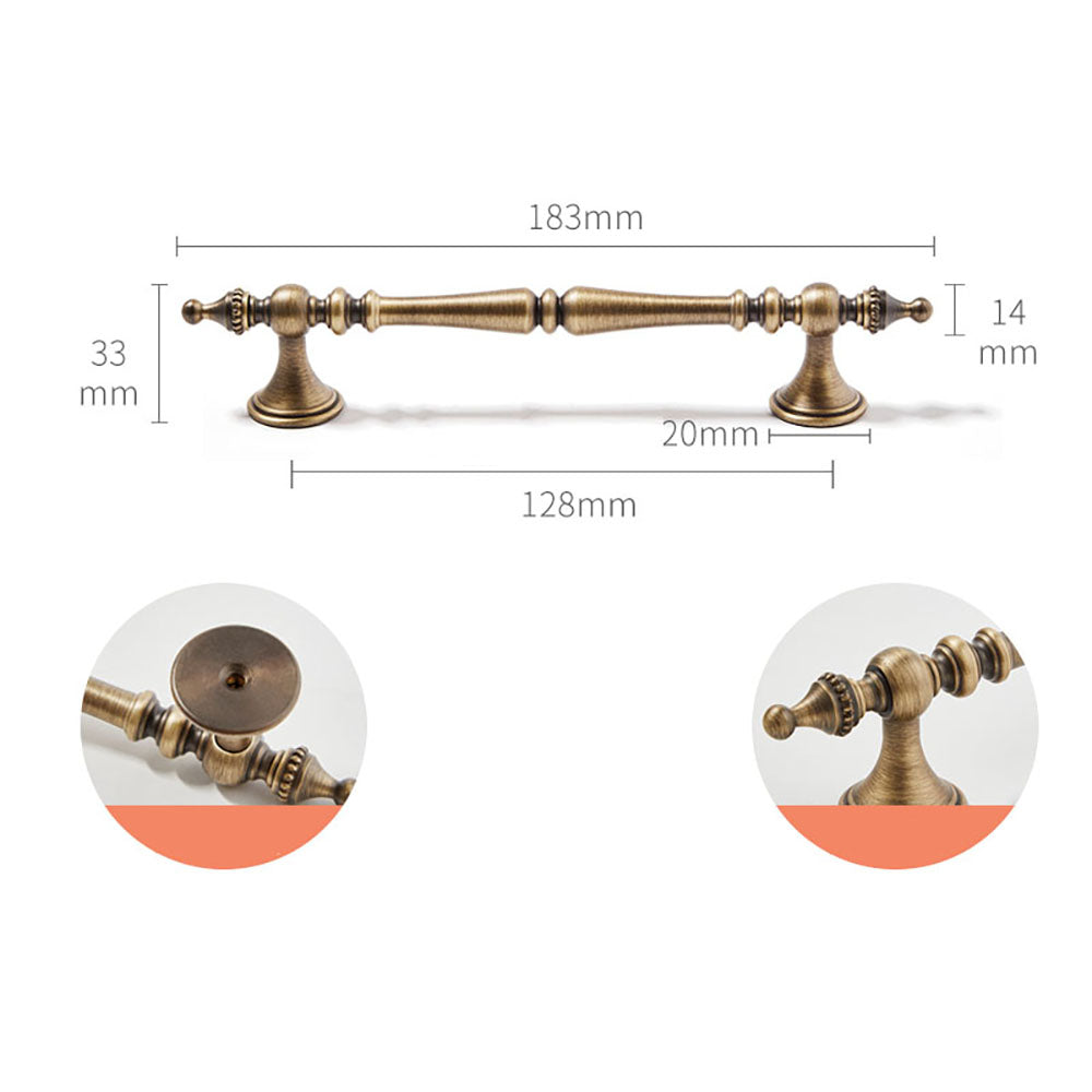 Ornate brass cabinet pull and knob, shown from one angle with dimensions and centers labeled