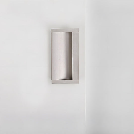 Silver aluminum recessed cabinet pull with 64 mm hole centers in a straight-on vertical view