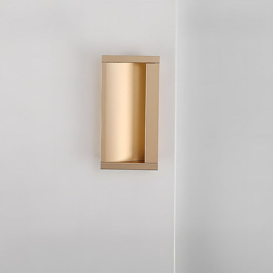 Gold aluminum recessed cabinet pull with 64 mm hole centers in a straight-on vertical view
