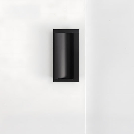 Black aluminum recessed cabinet pull with 64 mm hole centers in a straight-on vertical view