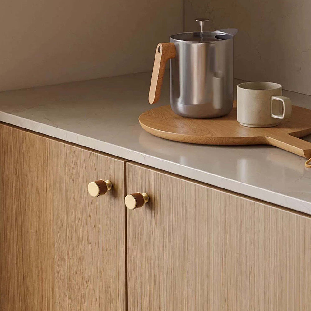 Comforsyco Cowhide Brass Cabinet Pulls and Knobs, Brown / Black Options