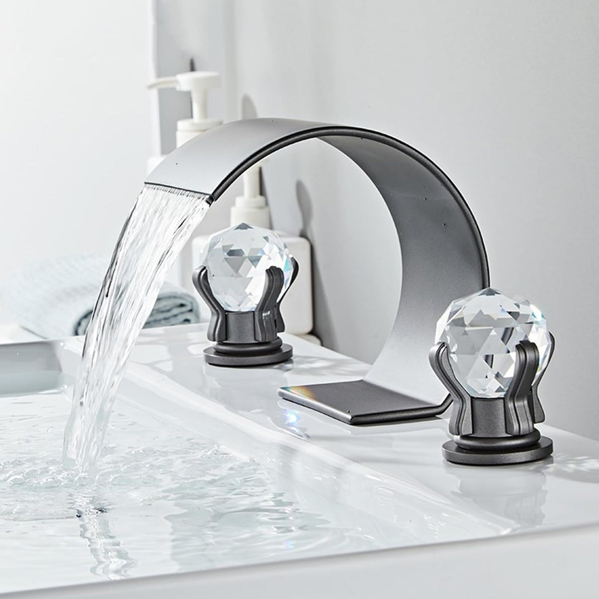 Crystelle 3-Hole Waterfall Bathroom Sink Faucet with Crystal Handles
