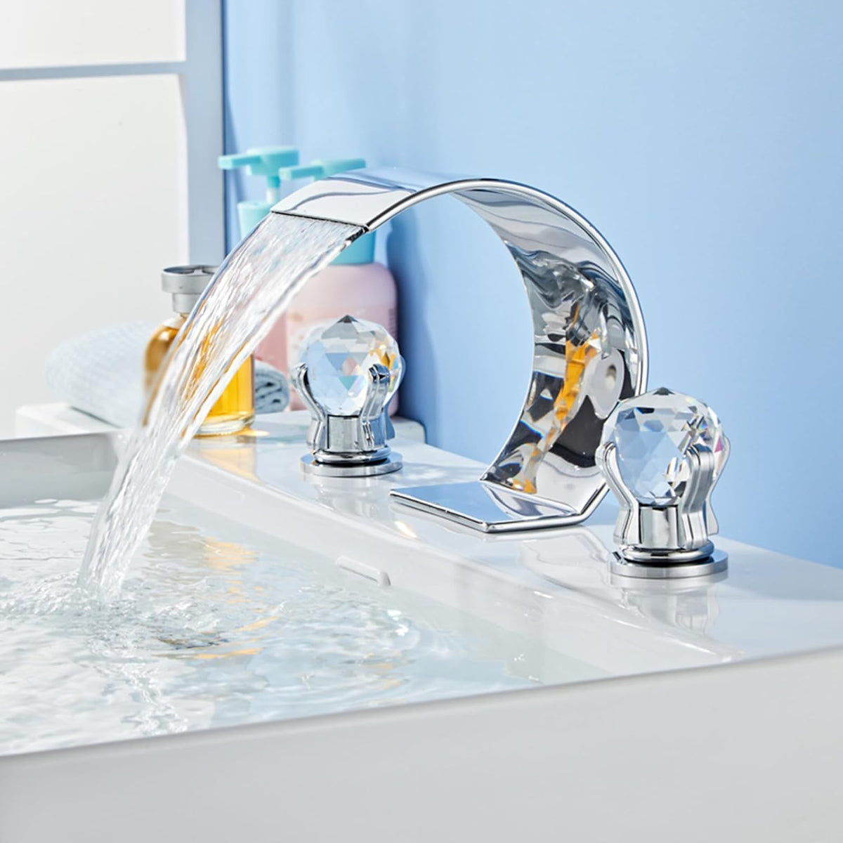 Crystelle 3-Hole Waterfall Bathroom Sink Faucet with Crystal Handles