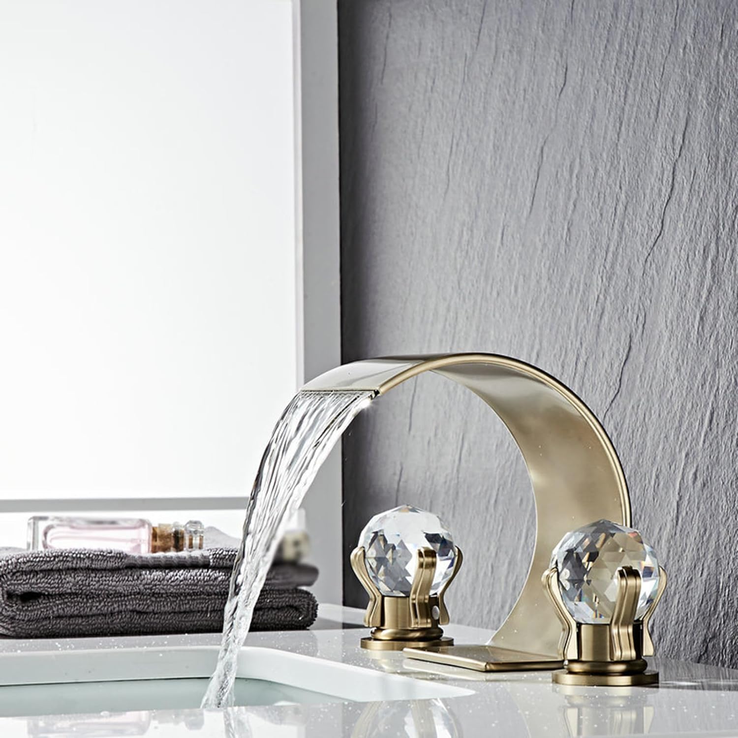 Crystelle 3-Hole Waterfall Bathroom Sink Faucet with Crystal Handles