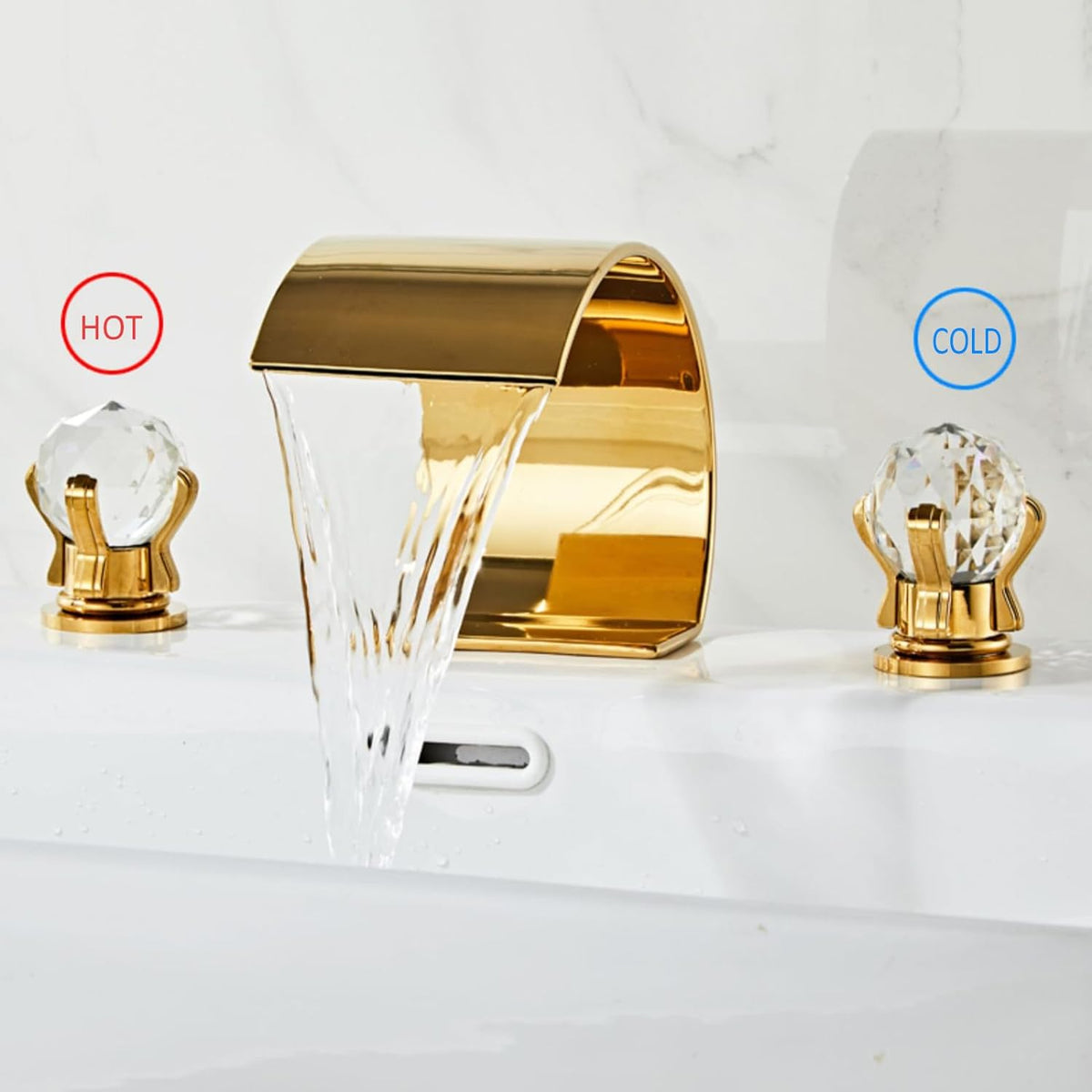 Crystelle 3-Hole Waterfall Bathroom Sink Faucet with Crystal Handles