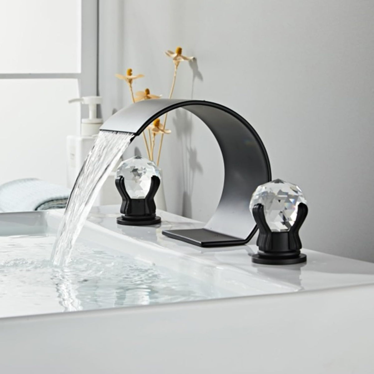 Crystelle 3-Hole Waterfall Bathroom Sink Faucet with Crystal Handles