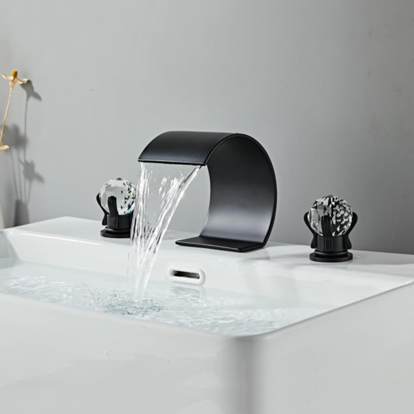 Crystelle 3-Hole Waterfall Bathroom Sink Faucet with Crystal Handles