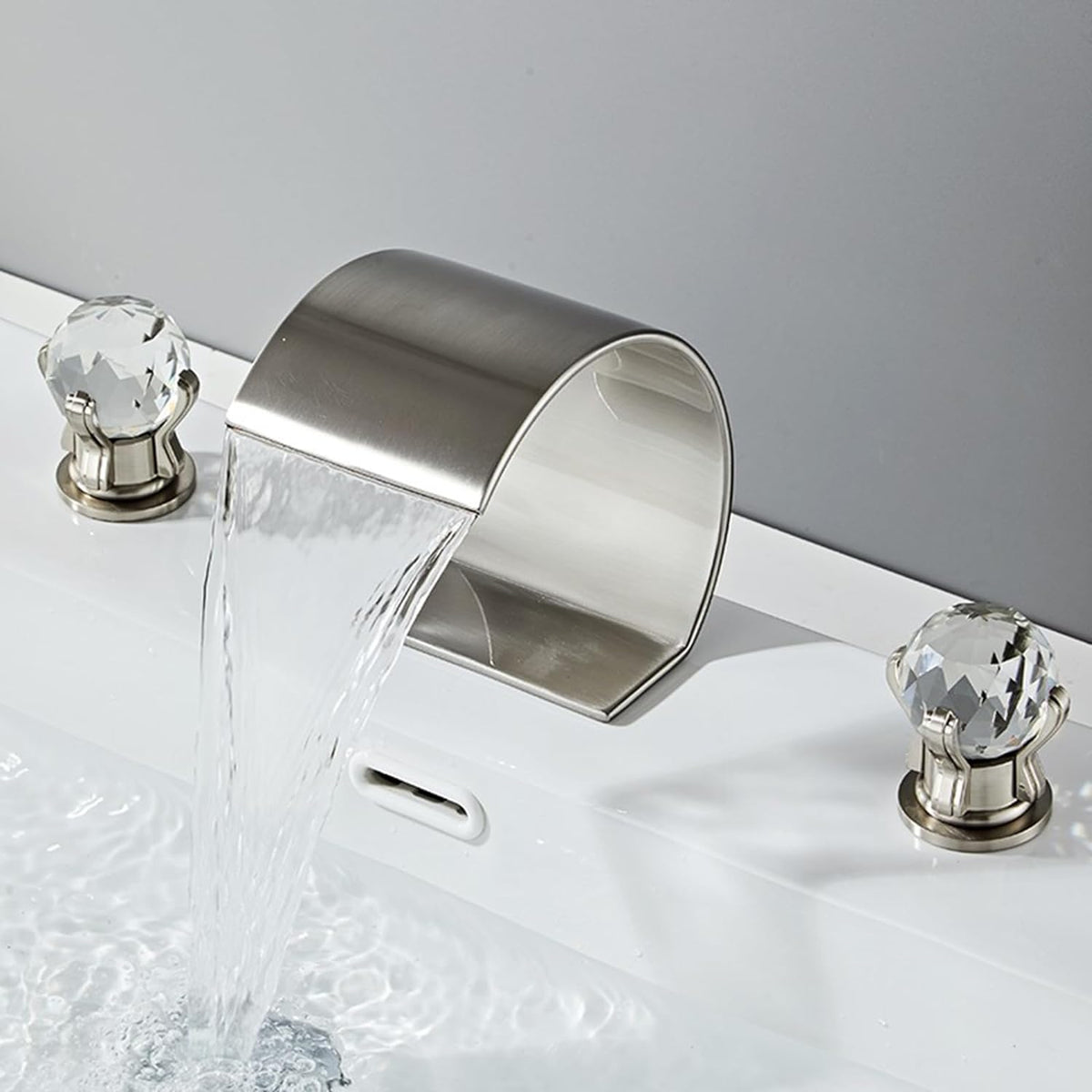 Crystelle 3-Hole Waterfall Bathroom Sink Faucet with Crystal Handles