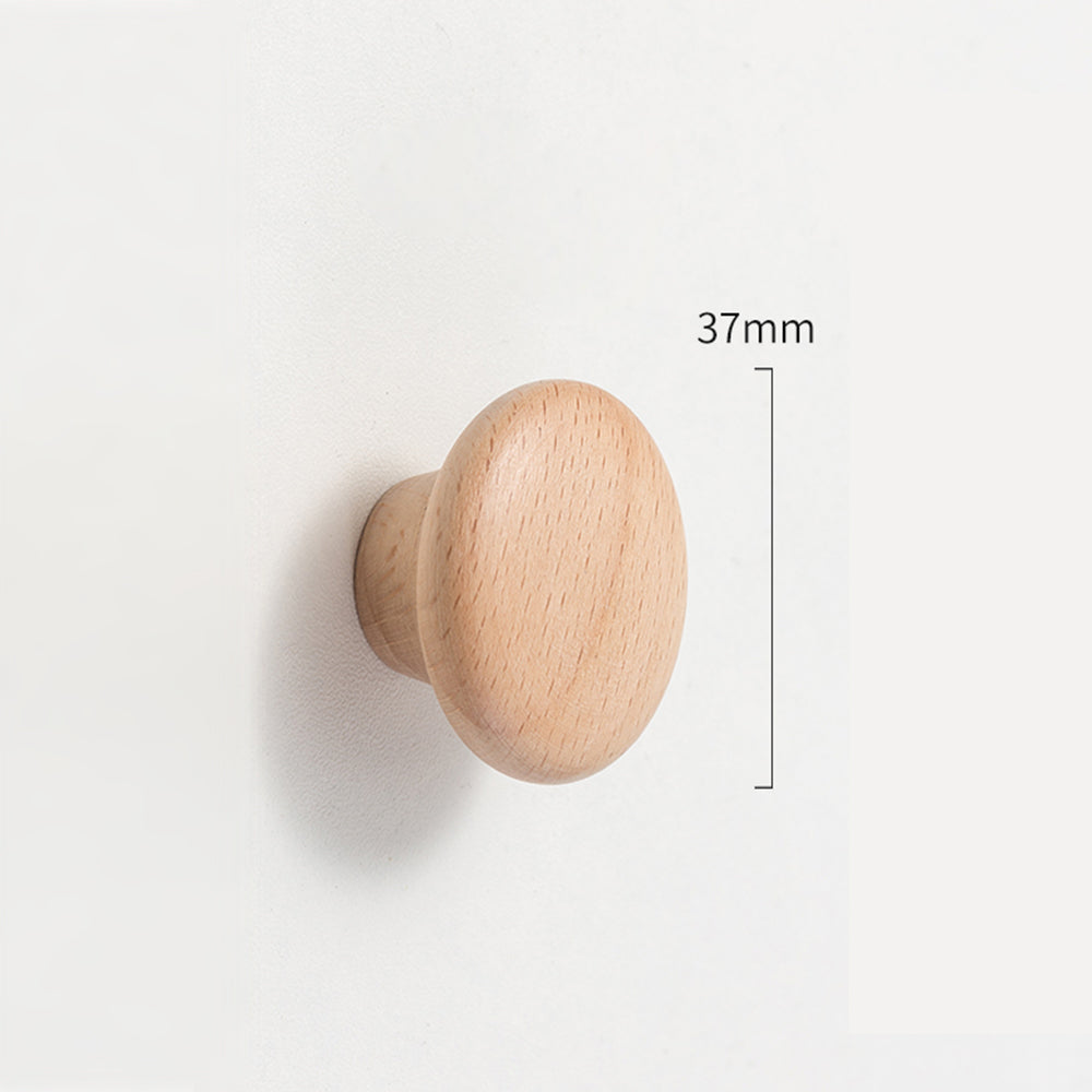 Curved solid wood cabinet pull with a matching round knob, dimension diagram showing its overall size and hole spacing