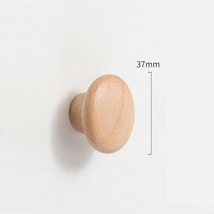 Curved solid wood cabinet pull with a matching round knob, dimension diagram showing its overall size and hole spacing