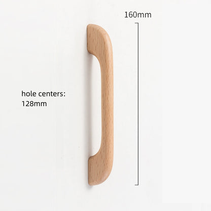 Curved solid wood cabinet pull with a matching round knob, measurement diagram showing length, width, and projection