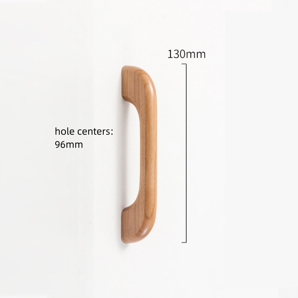 Curved solid wood cabinet pull with a matching round knob, measurement view showing overall length and mounting centers