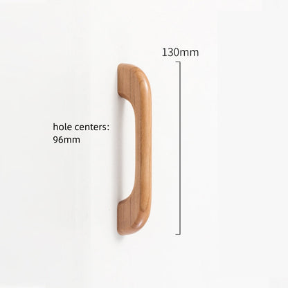 Curved solid wood cabinet pull with a matching round knob, measurement view showing overall length and mounting centers