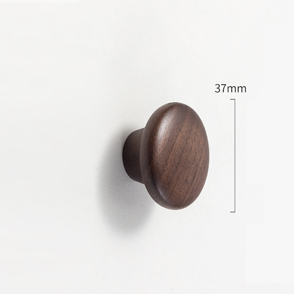 Curved solid wood cabinet pull with a matching round knob, dimension diagram with width, height, and hole spacing marked