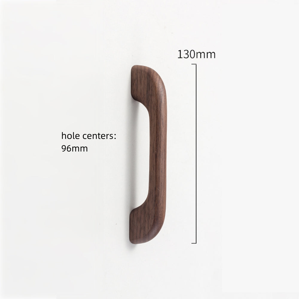 Curved wood cabinet pull and knob, measurement view with the pull length and post spacing labeled