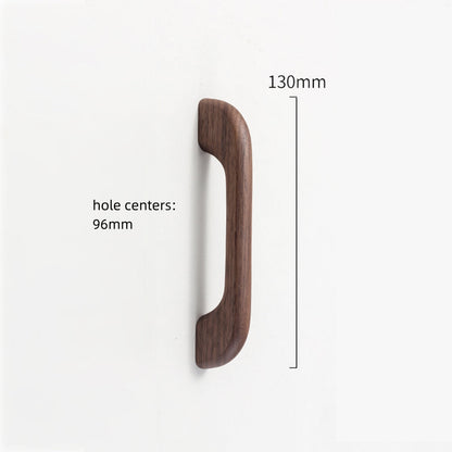 Curved wood cabinet pull and knob, measurement view with the pull length and post spacing labeled