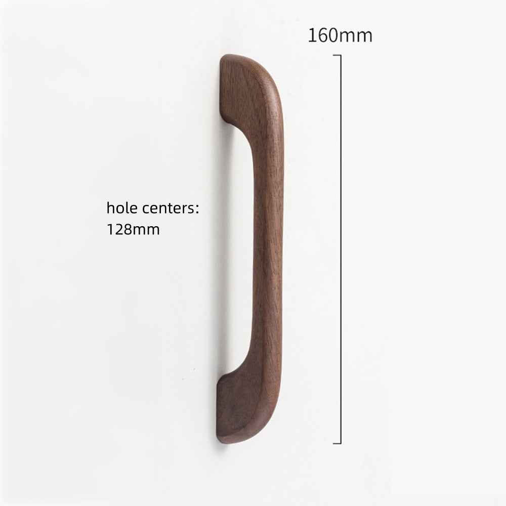 Curved solid wood cabinet pull with a matching round knob, dimension reference showing the face and mounting dimensions
