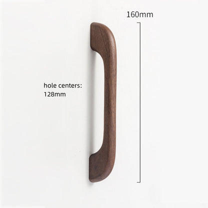 Curved solid wood cabinet pull with a matching round knob, dimension reference showing the face and mounting dimensions