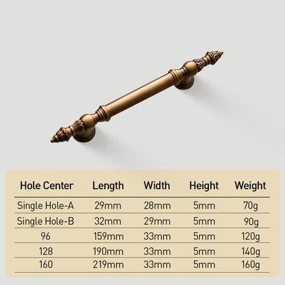Ornate european brass cabinet pull and round knobs, shown clearly with dimensions and centers labeled