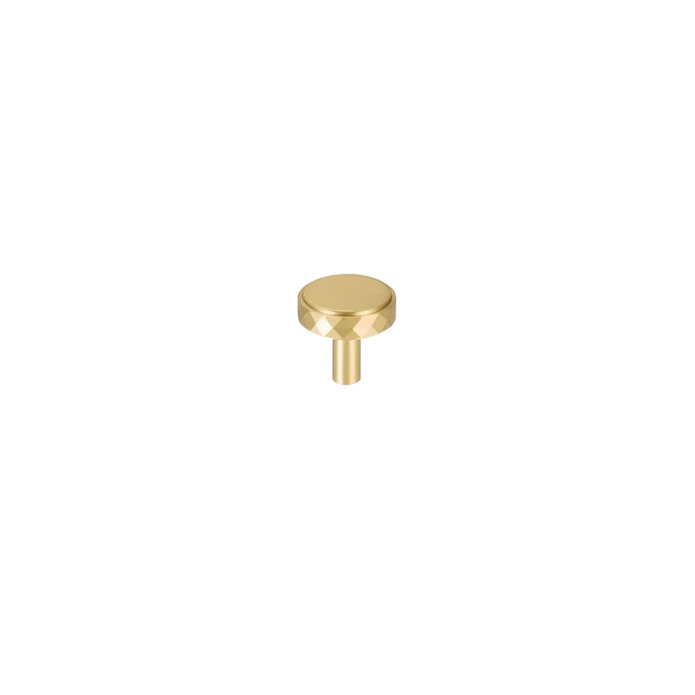 Gold faceted brass cabinet pull and round knob, displayed from the side on a clean neutral background