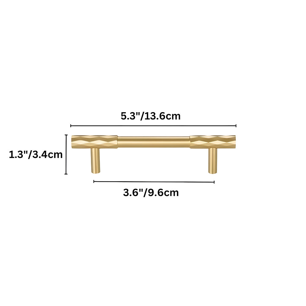 Faceted brass cabinet pull and round knob, shown clearly with dimensions and centers labeled