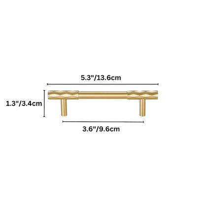 Faceted brass cabinet pull and round knob, shown clearly with dimensions and centers labeled