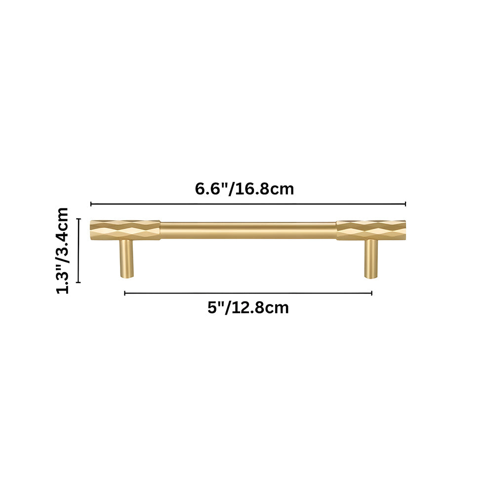 Faceted brass cabinet pull and round knob, shown from one angle with dimensions and centers labeled