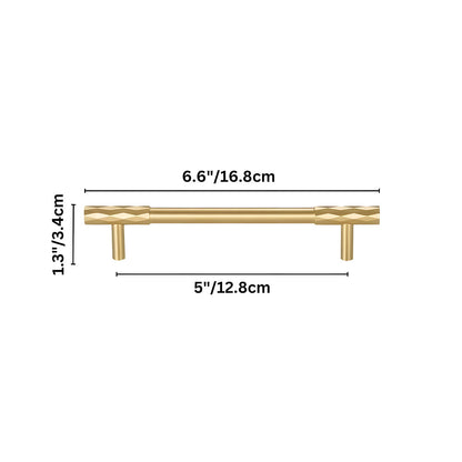 Faceted brass cabinet pull and round knob, shown from one angle with dimensions and centers labeled