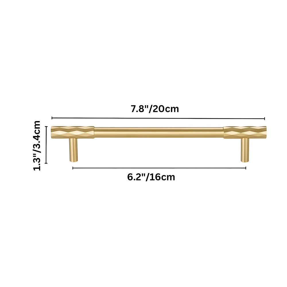 Faceted brass cabinet pull and round knob, pictured in one view with dimensions and centers labeled
