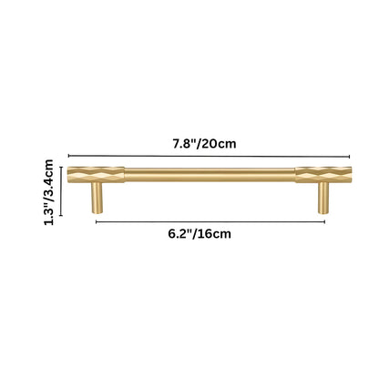 Faceted brass cabinet pull and round knob, pictured in one view with dimensions and centers labeled