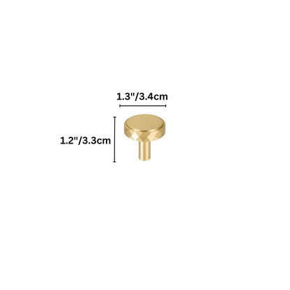 Faceted brass cabinet pull and round knob, presented for reference with dimensions and centers labeled