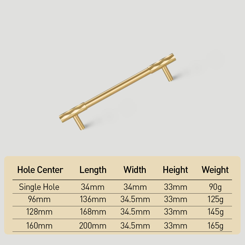 Faceted brass cabinet pull and round knob, shown at close range with dimensions and centers labeled